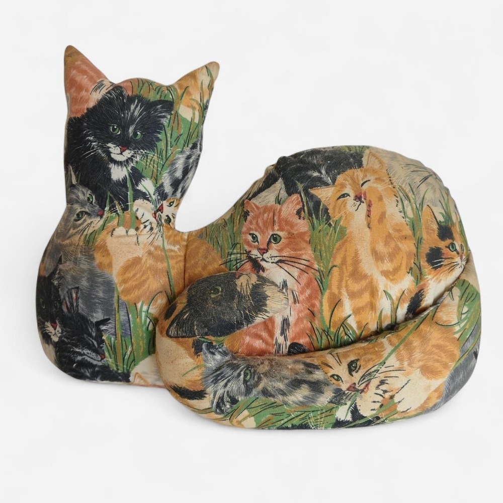 Vintage Cat Doorstopper Fabric Weighted Kitten Print Home Decor Made in USA